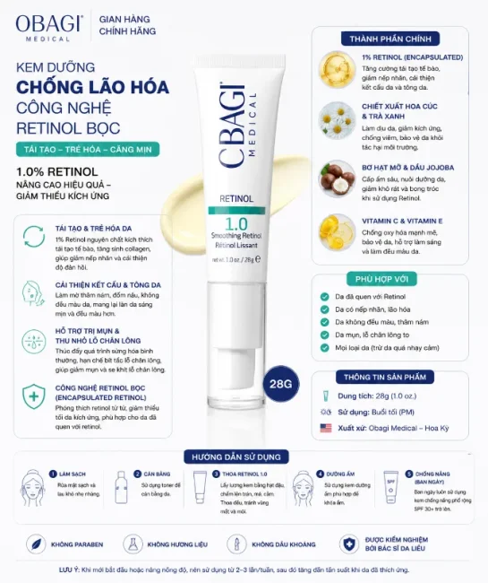 Kem dưỡng ẩm giảm nếp nhăn Obagi Retinol 1.0 28g