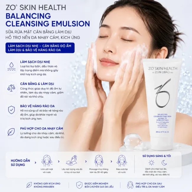 Sữa rửa mặt cân bằng làm dịu hỗ trợ nền da nhạy cảm kích ứng ZO Skin Health Balancing Cleansing Emulsion