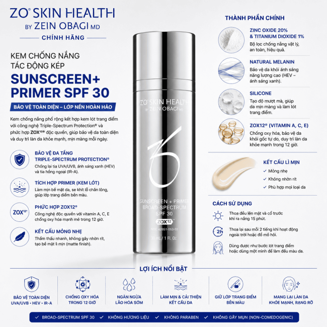 Kem chống nắng tác động kép ZO Skin Health Sunscreen+ Primer SPF 30
