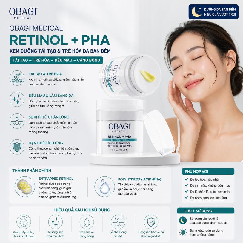 Kem dưỡng tái tạo trẻ hóa da ban đêm Obagi Medical Retinol + PHA