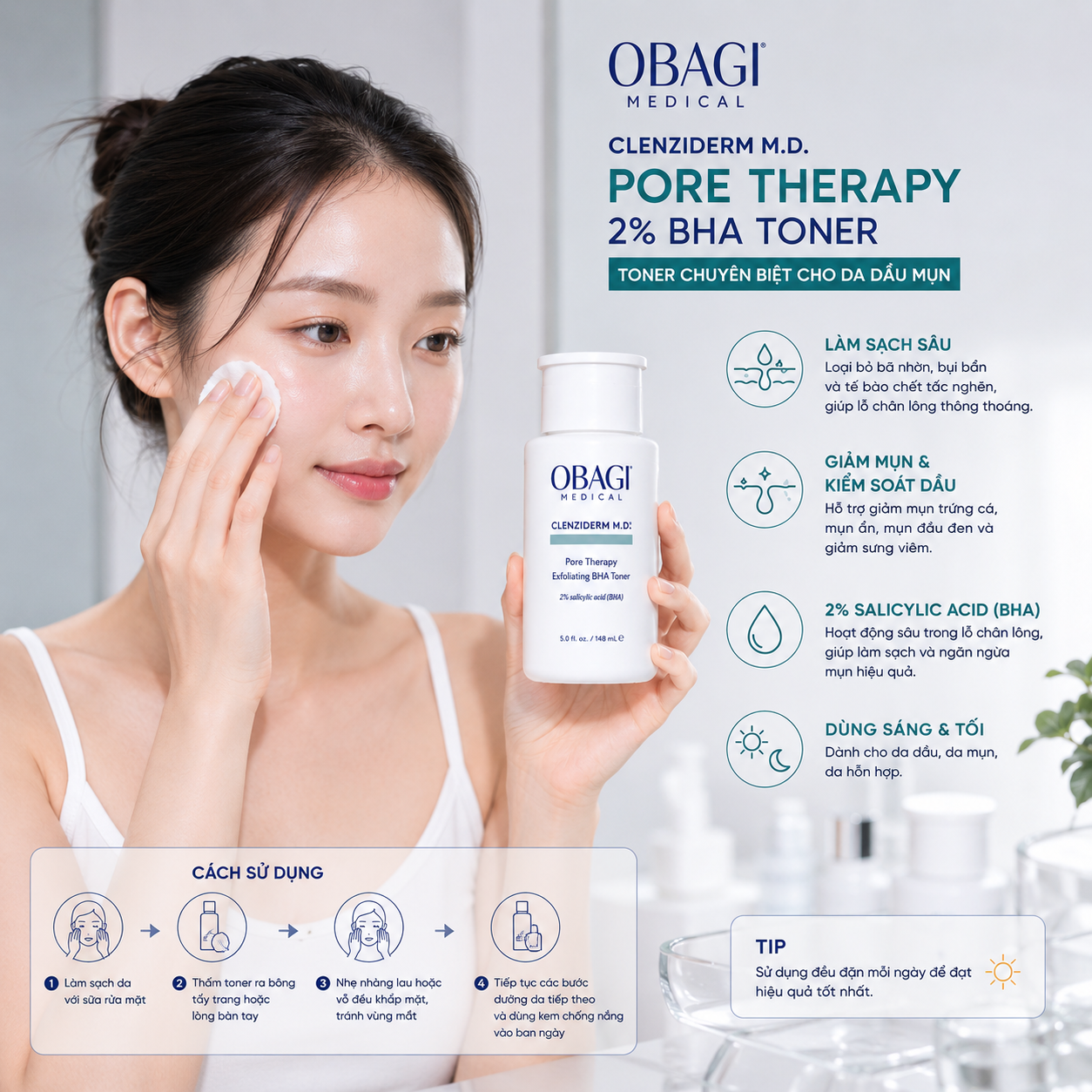 Toner cho làn da dầu mụn Obagi 2% BHA Clenziderm M.D. Exfoliating