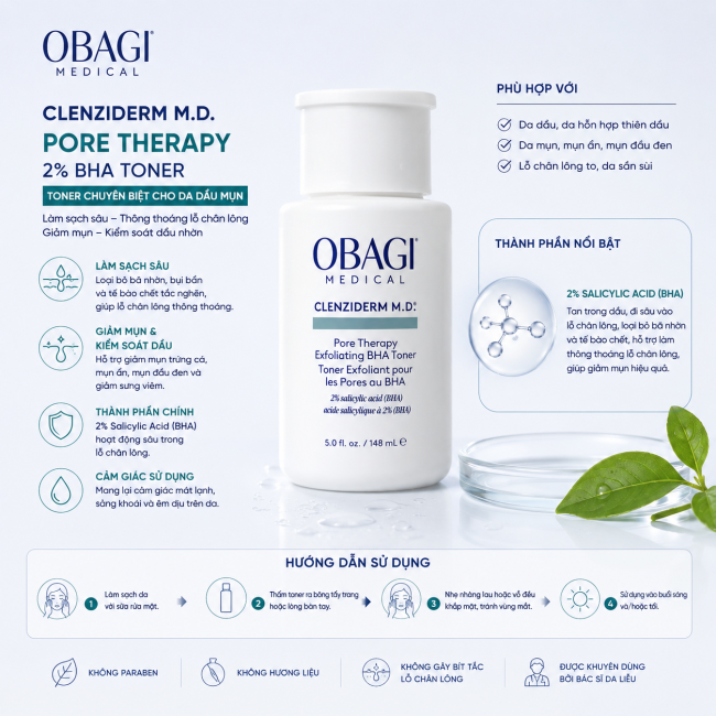 Toner cho làn da dầu mụn Obagi 2% BHA Clenziderm M.D. Exfoliating