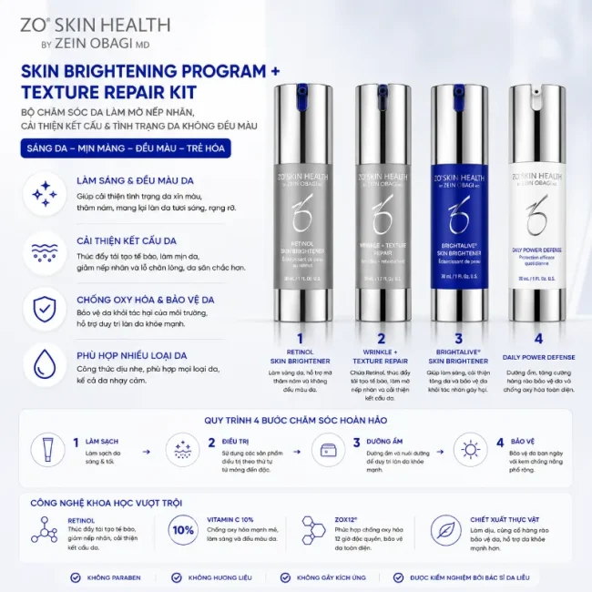 Bộ chăm sóc da làm mờ nếp nhăn, cải thiện kết cấu tình trạng da không đều màu ZO Skin Health SKIN Brightening Program+ Texture Repair Kit