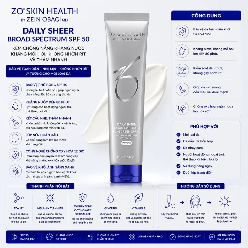 Kem chống nắng kháng nước, kháng mồ hôi, không nhờn rít và thấm nhanh ZO Skin Health Daily Sheer Broad Spectrum SPF 50