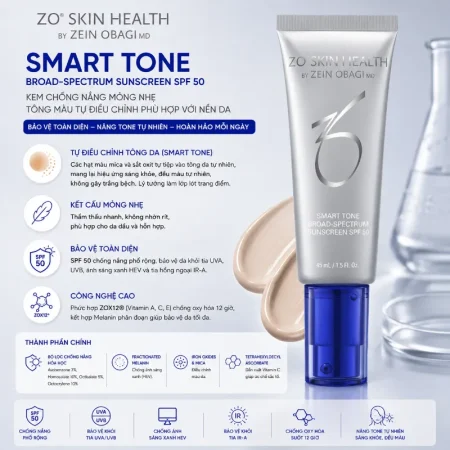 Kem chống nắng mỏng nhẹ tông màu tự điều chỉnh phù hợp với nền da ZO Skin Health Smart Tone Broad Spectrum SPF 50