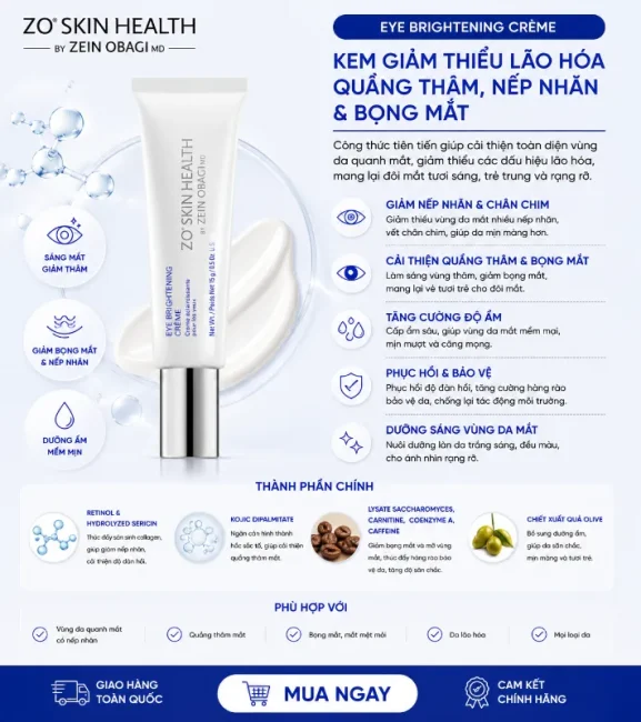 Kem giảm thiểu lão hóa quầng thâm nếp nhăn bọng mắt ZO Skin Health Eye Brightening Crème