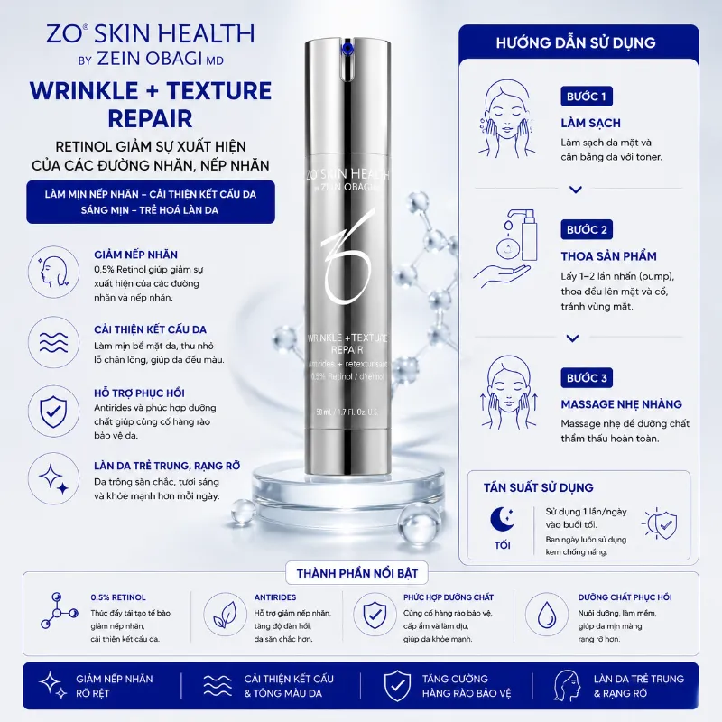Retinol giảm sự xuất hiện của các đường nhăn, nếp nhăn ZO Skin Health Wrinkle+ Texture Repair