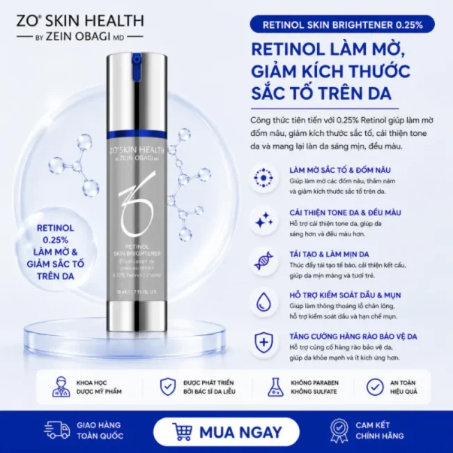 Retinol làm mờ giảm kích thước sắc tố trên da ZO Skin Health Retinol Skin Brightener 0.25%