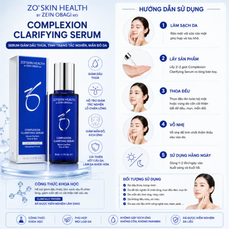 Serum giảm dầu thừa tình trạng tắc nghẽn mẩn đỏ da ZO Skin Health Complexion Clarifying Serum
