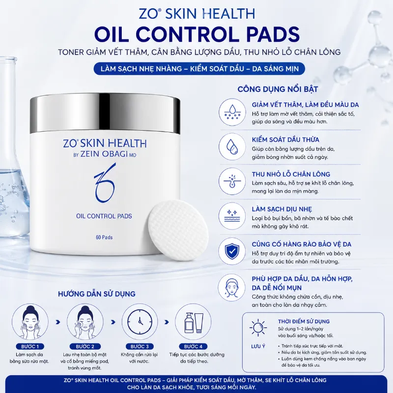 Toner giảm vết thâm, cân bằng lượng dầu thu nhỏ lỗ chân lông ZO Skin Health Oil Control Pads